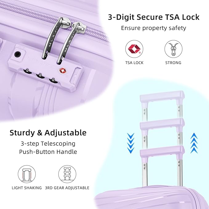 LARVENDER Luggage Sets 3 Piece, Expandable Carry On Luggage 22x14x9 Airline Approved, 20 Inch Hardshell & Lightweight PP Carry On Suitcase for Women with Spinner Wheels TSA Lock, Lavender