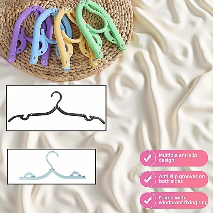 6 Pack Foldable Clothes Hangers for Travel - Portable, No Slip & Windproof Design, PP Plastic Collapsible Hangers with Anti-Slip Grooves, Space Saving for Shirts, Jeans, Socks (Multi-Color)