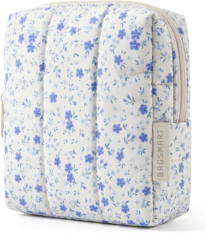 BAGSMART Small Travel Makeup Bag for Purse Toiletry Pouch, Puffy Padded Mini Cosmetics Bag, Cute Make Up Pouch for Women with Slip-in Pocket, Travel Essentials for Toiletries, Blue Ditsy Floral