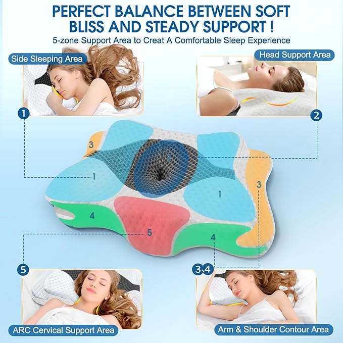 Memory Foam Pillows, Cervical Pillow for Neck and Shoulder Pain Relief, Ergonomic Contour Bed Pillow, Soft for Side Sleep Stomach Sleeping and Back Sleeper-Queen Size&Grey