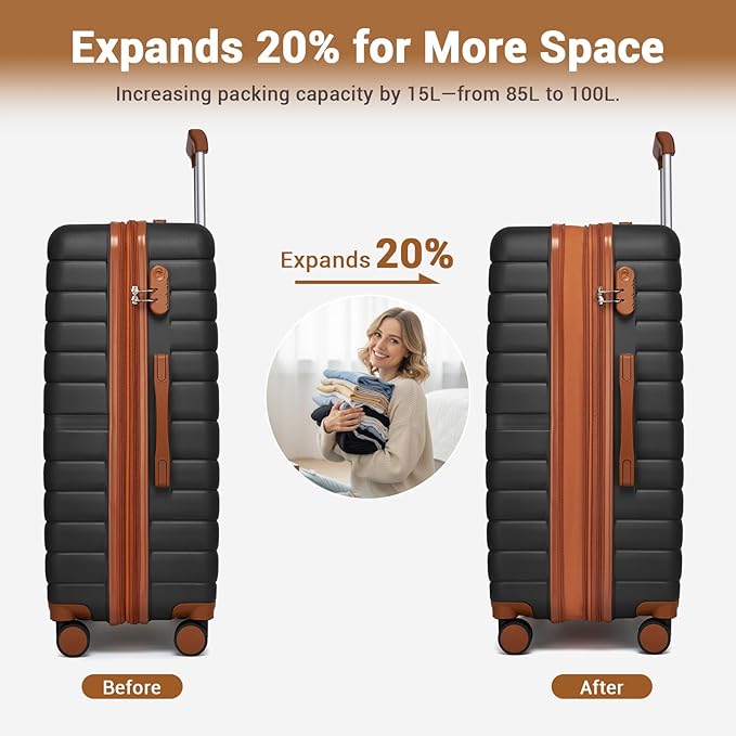 Kono Expandable 28 Inch Luggage with Spinner Wheels, Large Checked Luggage with Lock, Lightweight & Anti-Scratch PC+ABS Hardshell Travel Suitcase, Black/Brown