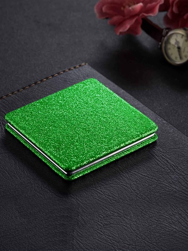 OMIRO Compact Mirror, Glitter PU 1X/3X Magnification, Ultra Portable for Purses (Green)