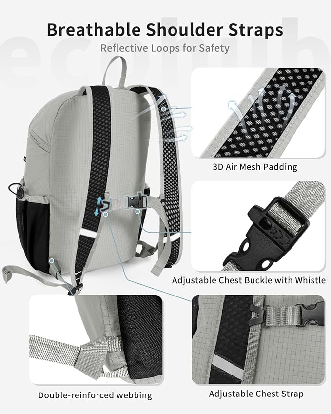 ECOHUB 15L Lightweight Casual Daypack, Packable Backpack for Daily Use, Hiking & Travel, Foldable Small Backpack with Stretch Mesh Pockets, Water-Resistant Nylon, Reflective Design
