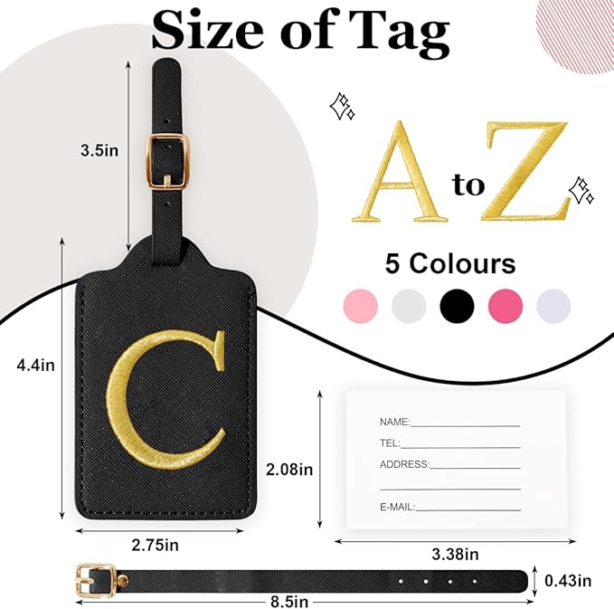 Personalized Initial Luggage Tags for Suitcases,Leather Letter Cute Luggage Tags with Privacy Name Card,Embroidered Monogrammed Travel Bag Backpack Tag Gifts for Women Kids Girls Teens(Black-C)