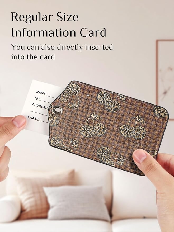 Seorsok 2 PCS Luggage Travel Tags for Suitcases,Cute Brown Leopard PU Leather Name Tag with Privacy Cover&ID Label Address Card and Durable Metal Ring Suitable for Men Women Handbags Backpack,Cherry