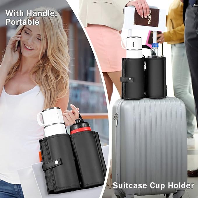 Luggage Cup Holder Travel Drink Bag for Suitcase Portable Foldable Luggage Drink Caddy with Handle, Fits Roll on Suitcase Handle, Gifts for Flight Attendants Creative Travel Accessories (Black)