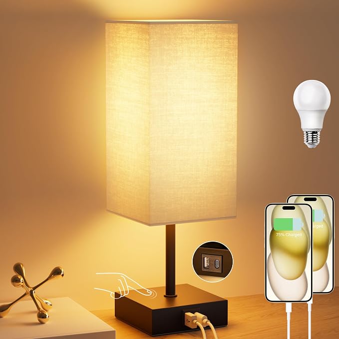 Bedside Table Lamp for Bedroom with 2 USB Ports, 14-Inch, Beige | USB A+C Ports, Touch 3-Way Dimmable LED Bulb Included Fabric Lampshade Metal Base Small Nightstand Lamp for Desk Living Room
