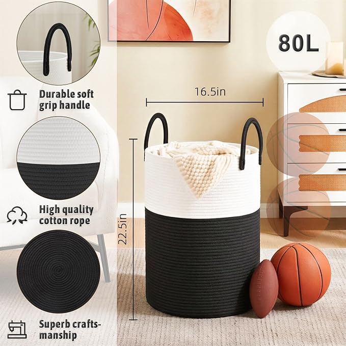 Laundry Basket,Woven Cotton Rope Laundry Hamper,80L for Decorative Storage of Dirty Clothes,Toys and Blankets in Bathroom,Baby Room and Living Room