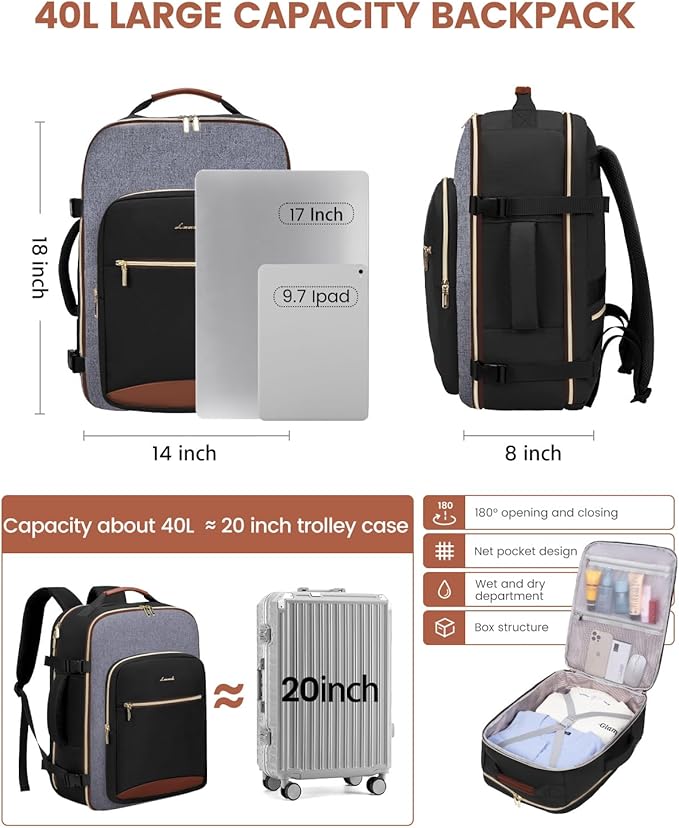 LOVEVOOK 40L Travel Backpack for Women & Men, Airline Approved Carry On Luggage with 3 Packing Cubes, TSA Overnight Bags, Waterproof Personal Item Bag, Weekender Essentials Backpacks fits 17" Laptop