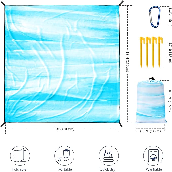 HIHOHO Beach Blanket Waterproof Sandproof Beach Mat for 1-8 Adults Quick Drying Durable Outdoor Picnic Mat for Beach Festival Travel Camping Hiking (TINTING-BL&W, 79"×83"(4 Person))