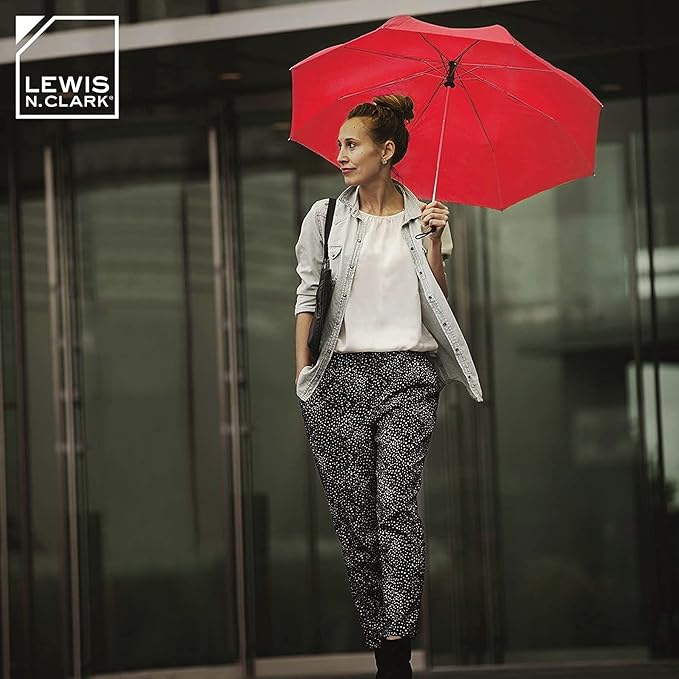 Lewis N. Clark Travel Umbrella: Windproof & Water Repellent Fabric, Automatic Open Close & 1 Year Warranty, Red