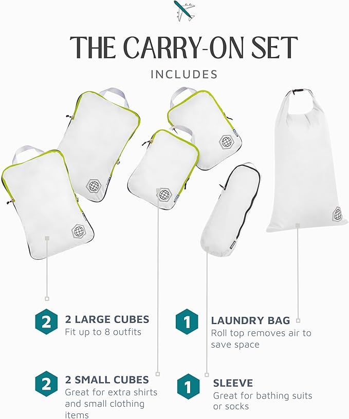 Compression Packing Cubes 6 Piece Set for Carryon Suitcases- Lightweight, Durable Clothes Organizer (White and Green)