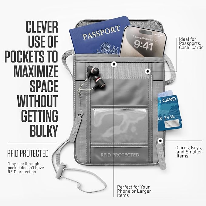 VENTURE 4TH Neck Wallet for Women & Men – RFID Blocking Passport Holder for Travel, Hidden Neck Pouch with 6 Compartments, Slim Lightweight Travel Organizer with Adjustable Strap (Sleek Silver)