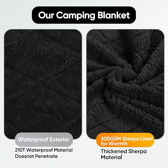 Northroad Waterproof Outdoor Blanket w/Sherpa Lining, Large Windproof Camping Blankets for Cold Weather, Light Weight and Warm for Stadium, Hiking, Dog, Picnic, Washable, 67”X 87” (Black, 1PCS)