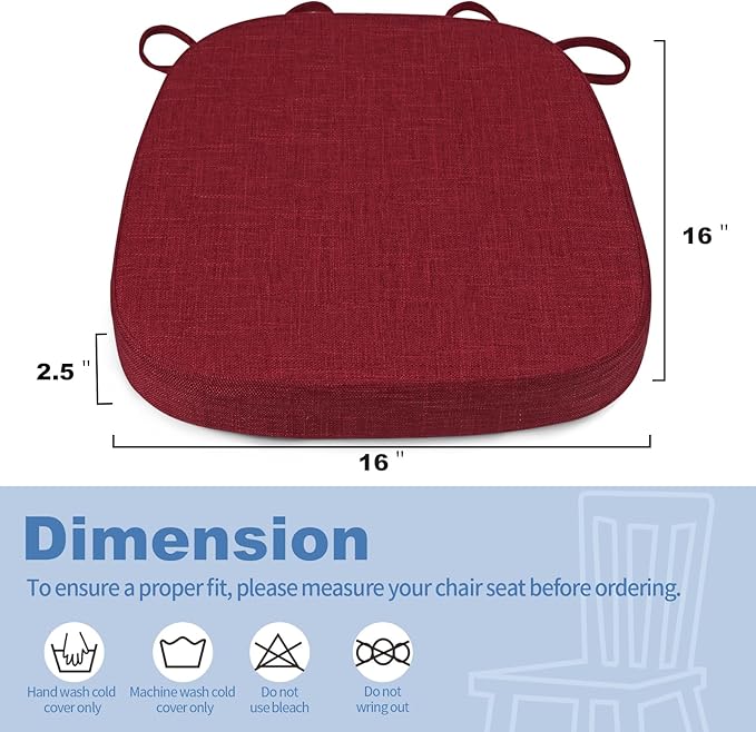 BUYUE Thickened 2.5" Friendly Woven Fabric Dining Chair Cushion, U-Shape High Density Foam Comfortable Chair Pad for Kitchen, Slip Resistant Indoor Seat Cushion (1 Piece, Red)