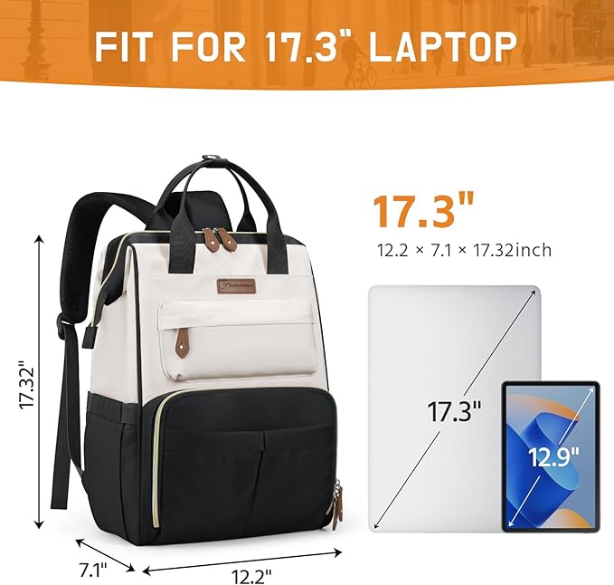 Maelstrom Laptop Backpack, Travel Backpack Gift for Women Men, Waterproof College School Computer Work Bag with Luggage Strap (Black-Beige, 17.3 Inch)