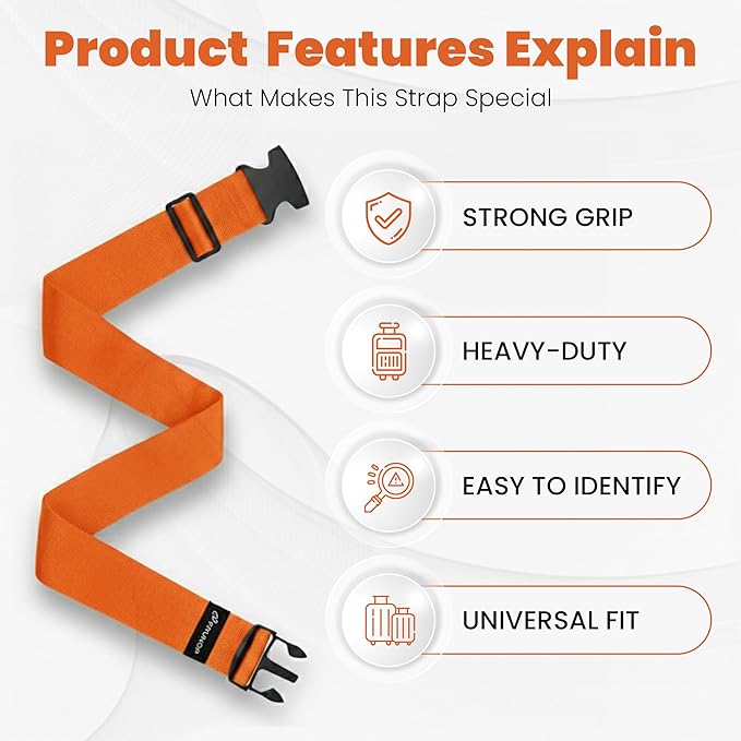 Luggage Straps for Suitcases, Adjustable Travel Suitcase Belts with Buckle Closure, Designed for Carry-On and Checked Luggage, Reusable Travel Accessory, Orange - Pack of 4