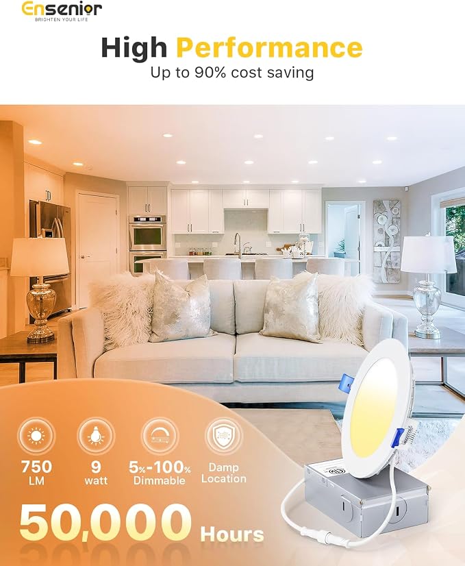 Ensenior 12 Pack 4 Inch LED Recessed Light, Dimmable, 5000K Daylight, 750LM High Brightness, 9W 120V, 2 Pin, ERL-9X-ETL, Damp Rated, Ultra-Thin Canless Wafer Ceiling Light - ETL & FCC & IC | 5000K Daylight, 5%-100% Dimmable, 750LM 9W 120V, IC & Damp Ra...
