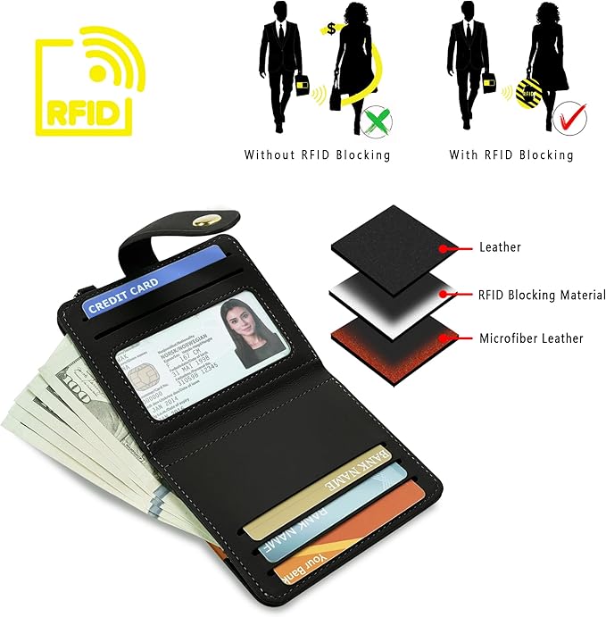 Airkit Small Wallets Woman RFID Blocking Leather Credit Card Holder - with ID Window - Card Wallets for Women - with Zipper Coin Purse - Keychain Wallet