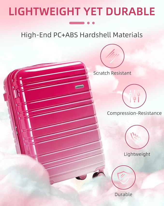 LARVENDER Carry on Luggage 22x14x9 Airline Approved, 20 Inch Hardside Suitcase with Wheels TSA Lock, PC+ABS Lightweight Travel Luggage Sets for Women, Berry Sparkling, 3 Piece Set