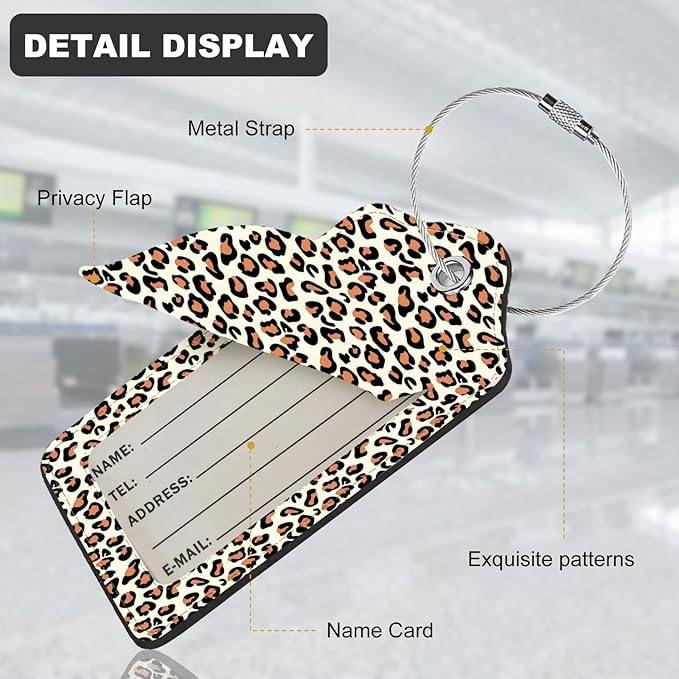 2Pack Luggage Tags for Suitcases, Cute Unique Pu Leather Cruise Luggage Tag with Privacy Cover ID Label Address Card and Metal Ring Suitable for Women Men Kids Travel Bag Leopard Print