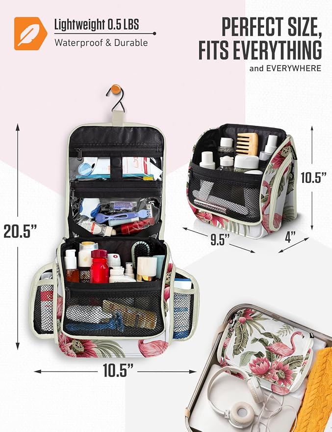VENTURE 4TH Hanging Travel Toiletry Bag for Women & Men – Large Toiletry Organizer with 17 Compartments, Removable TSA Pouch, Travel Wash Bag for Toiletries, Makeup & Shaving Kit (Pink Flamingo)