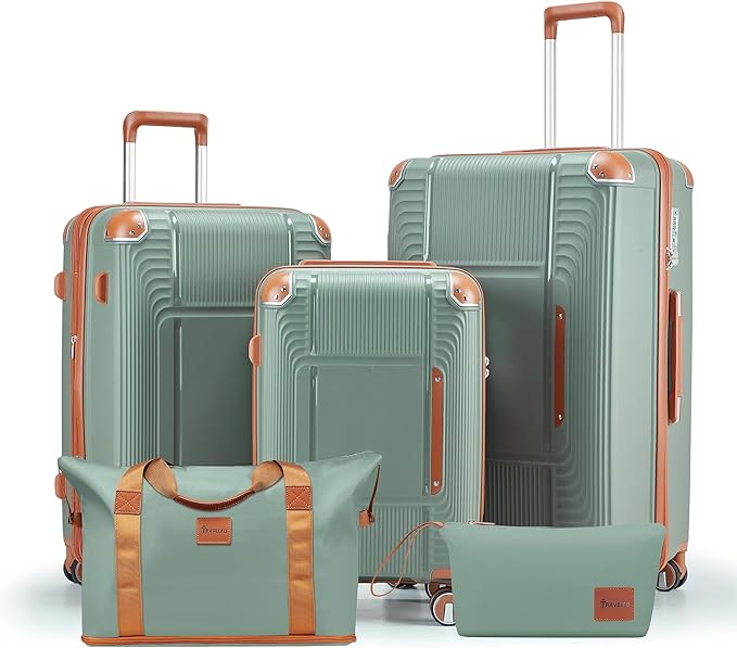 5 Piece Luggage Sets PP Hardshell with Duffel & Toiletry Bag, Carry-on Suitcase Set (20/24/28) with Detachable Spinner Wheels, YKK Zippers & Corner Guards, Lightweight TSA Lock (Sage Green)