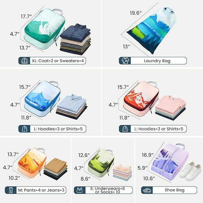 7 Set Compression Packing Cubes for Travel - Compressible/Expandable Luggage Organizer Bags Set, Double Zipper Packing Organizer for Suitcase, Lightweight Travel Essentials Accessories (Half Mesh)