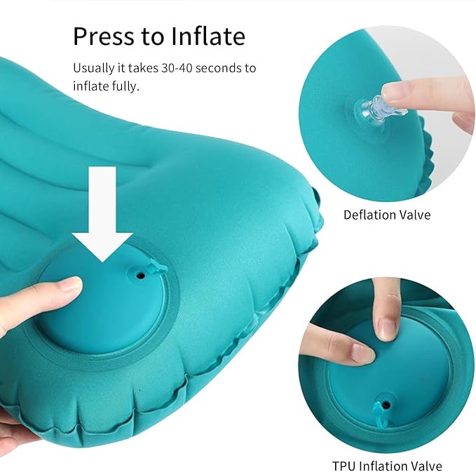 Ultralight Inflatable Travel Pillow Press to Inflate Compressible Neck and Lumbar Support While Camping Driving Sleeping Peacock Blue