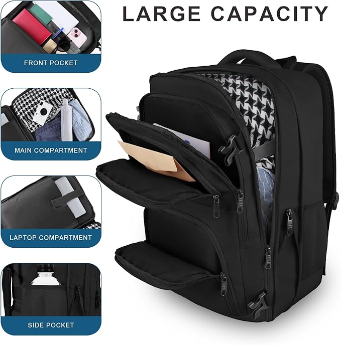 Travel Backpack for Women, 52L Carry On Backpack, Extra Large Expandable Travel Bag, 18.4 Inch TSA Flight Approved Luggage Business Daypack with USB, Teacher Traveling Rucksack, Black