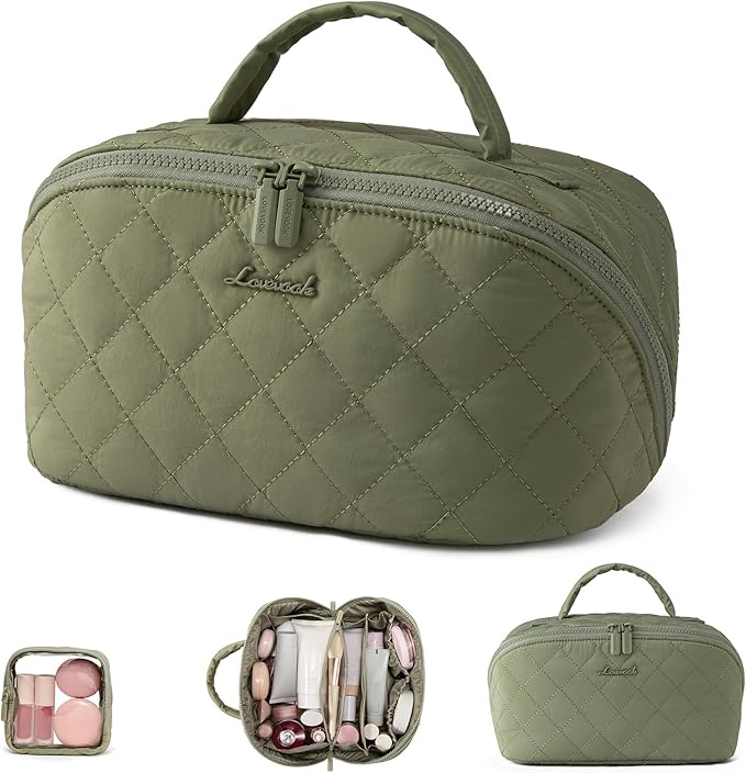 LOVEVOOK Travel Makeup Bag for Women, 2Pcs Puffer Waterproof Cosmetic Organizer, Large Capacity Pouch Open Flat Small Toiletry Bag with Brush Compartment & Handle (Green, Medium)