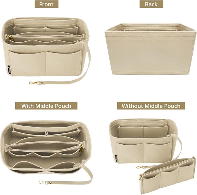 OPPOSHE Purse Organizer Insert for Handbags, Softened Felt Bag Insert Organizer for Tote, Compatible with LV, Coach, MK, Kate Spade, Goyard, Longchamp (Beige, Medium)