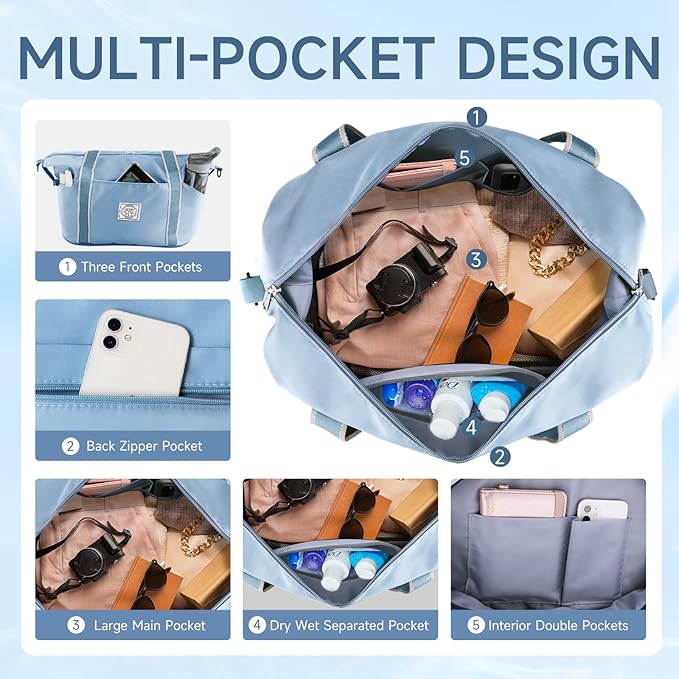 WALNEW Travel Duffel Bag, Weekender Overnight Carry On Bag for Women Men, Foldable Waterproof Gym Luggage with Metal Buckle Detachable Shoulder Strap and Wet Compartment (Light Blue)