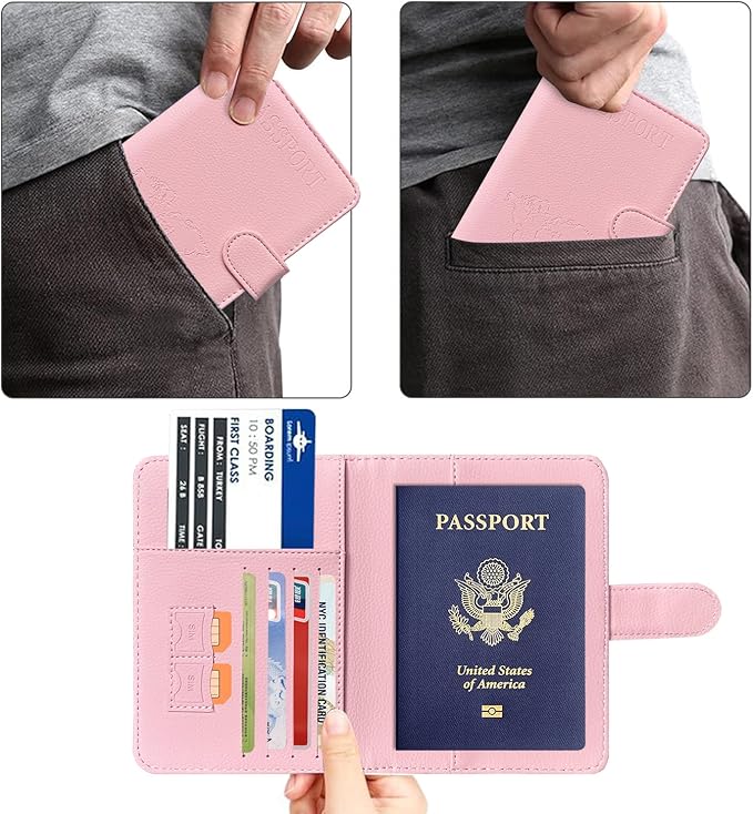 ACdream Passport Holder for Travel Essentials, Rfid Blocking Passport Wallet Cover Case for Travel Must Haves Accessories, Book Holders for Women & Men- Pink