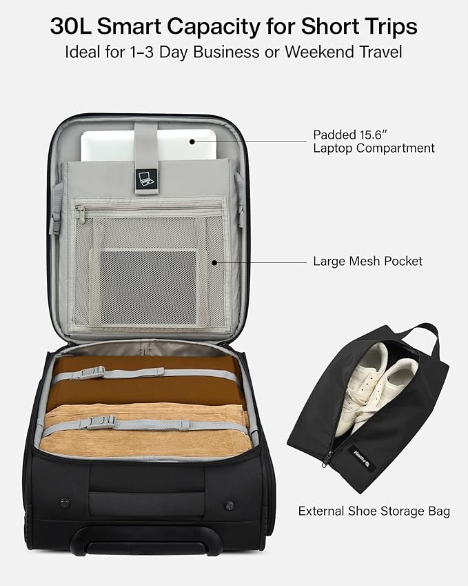 Hanke Underseat Carry On Luggage with Wheels, 17-Inch Small Suitcase Rolling Under Seat Luggage, Lightweight Personal Item Bag with 15.6" Compartment for Overnight & Short Trips, Black