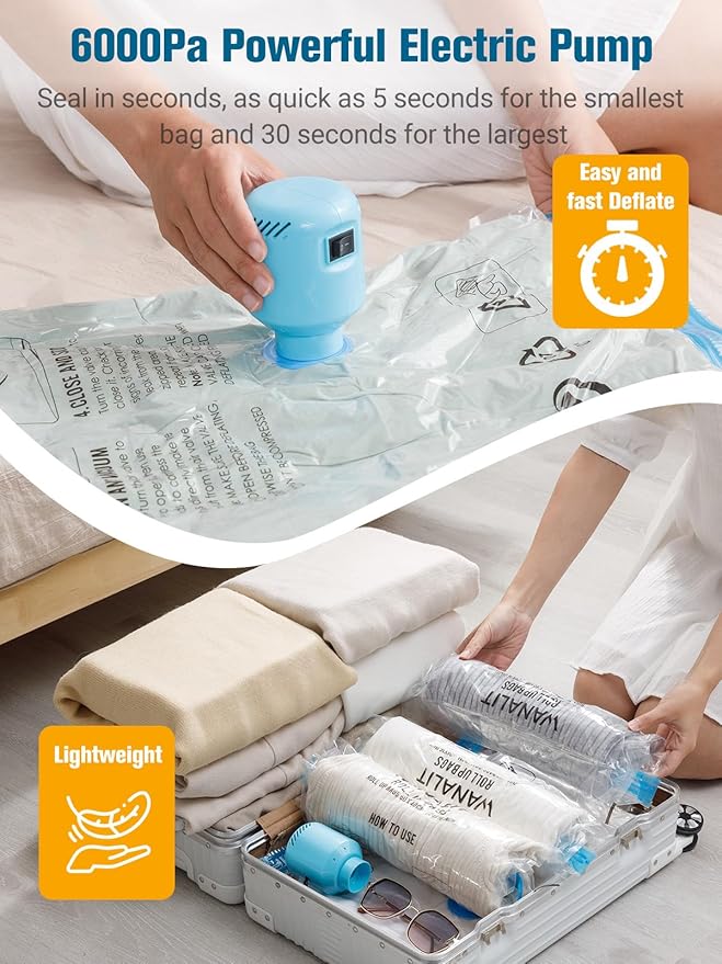 Vacuum Storage Bags with Electric Pump, New Air Valve Combo 22 Pack Compression Bag, Space Saving Vacuum Sealer Bag for Clothes, Blanket, Duvets, Pillows, Comforters, Travel, Two Compressing Ways