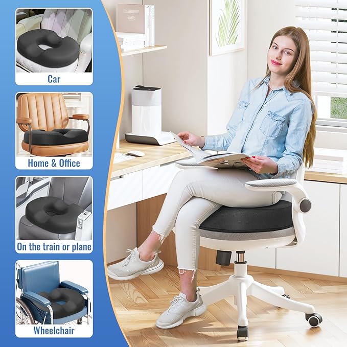 CloudBliss Donut Pillow Seat Cushion Chair Pad for Tailbone Pain Relief and Hemorrhoids, Memory Foam Seat Chair Cushion for Men and Women for Home & Office, (Grey-2XL)
