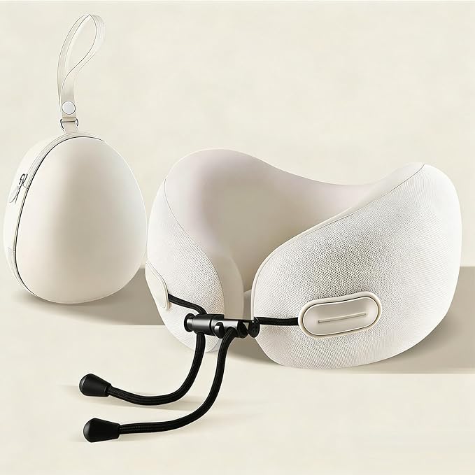 Travel Neck Pillow with Storage Case, 100% Pure Memory Foam, Airplane Head Support for Flight Sleeping, Portable, Beige