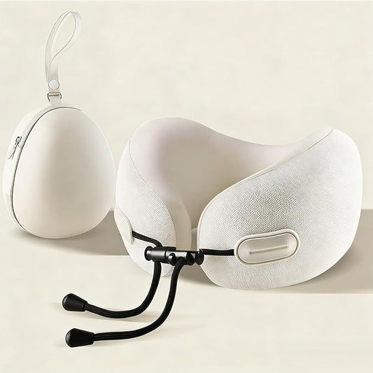 Travel Neck Pillow with Storage Case, 100% Pure Memory Foam, Airplane Head Support for Flight Sleeping, Portable, Beige