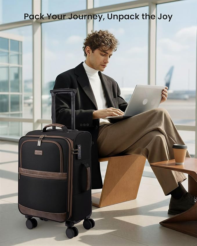 LOVEVOOK Carry On Luggage 22x14x9 Airline Approved,20 Inch Suitcases with Spinner Wheels,Softside Carry-on Suitcase with TSA Lock for Men Women Business Trip Weekender Travel,Black&brown