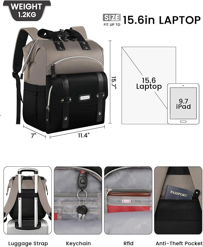 FALANKO Women Laptop Backpack, Doctor Nurse Teacher Work Adult Backpack for 15.6 Inch Laptop with RFID Anti-theft College Business Computer Bookbag Grey Black