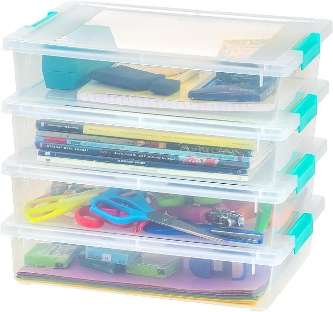 IRIS USA 6 Qt. Craft Storage Bins with Lids, 4-Pack, |Made in USA|, Clip Box, Small Plastic Sensory Bin Tote Organizer Containers for Art Supplies, Paper, & Office, Stackable - Clear/Seafoam Blue