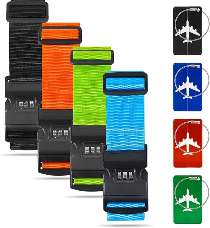 BILIONE 4 Pack Luggage Straps for Suitcases with Password Lock & Metal Tags, Adjustable Suitcase Belt & Travel Belt, Secure & Identify Luggage Connector Straps to Connect Two Bags 20-34 Inch Colorful
