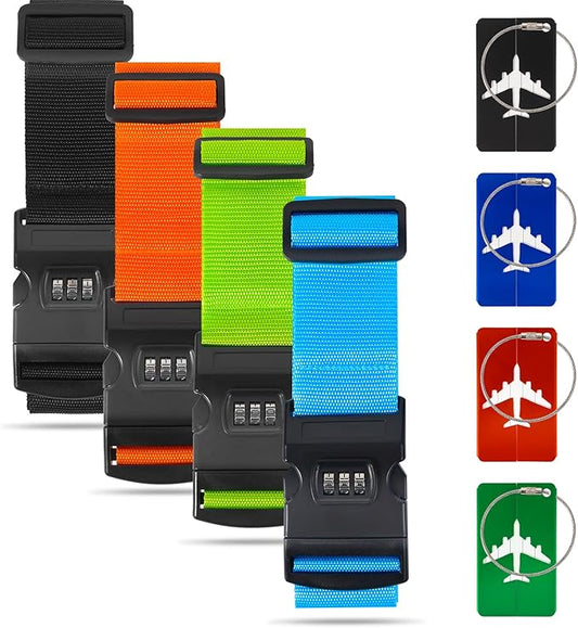 BILIONE 4 Pack Luggage Straps for Suitcases with Password Lock & Metal Tags, Adjustable Suitcase Belt & Travel Belt, Secure & Identify Luggage Connector Straps to Connect Two Bags 20-34 Inch Colorful