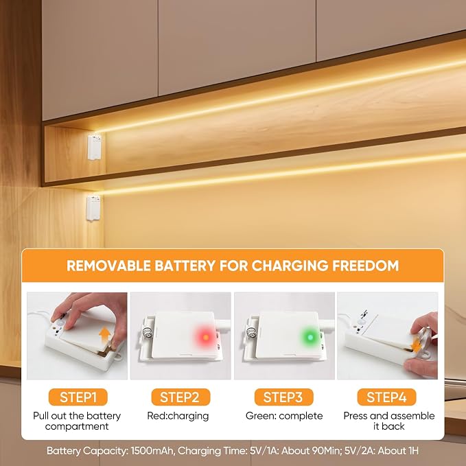 OMIKA COB Motion Sensor Light Strip Indoor, 6.56ft 640LEDs 2700K Warm White 1500mAh Rechargeable Closet Light, Cuttable Self Adhesive LED Lights for Bedroom, Cabinet, Shelves, Pantry, Stairs