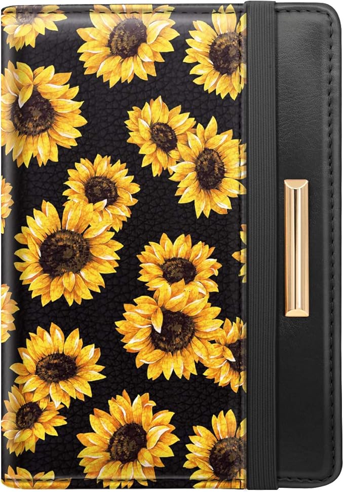 Coco Rossi Women's Black Floral Sunflower Passport Wallet Cover with RFID Blocking, 7 Compartments, 4 Card Slots, Magnetic Closure