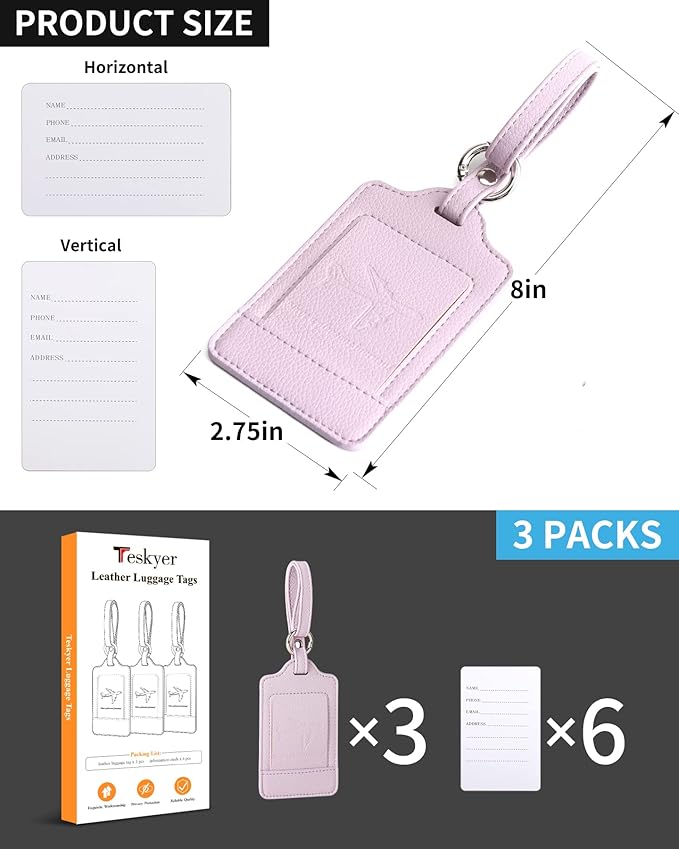 3 Pack Luggage Tags - Quick Install, Privacy Protection, Airplane Travel Essentials for Suitcases, Durable Leather - Lichee Lilac