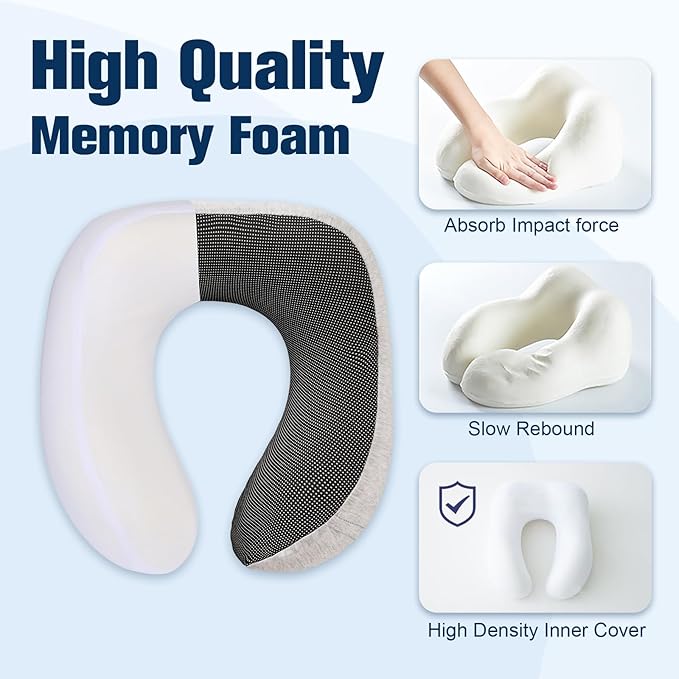 Neck Pillow for Traveling, Travel Pillows for Airplanes,100% Pure Memory Foam Travel Neck Pillow, Adjustable Flight Pillow, Portable Plane Accessories with Eye Mask, Earplugs, Carry Bag