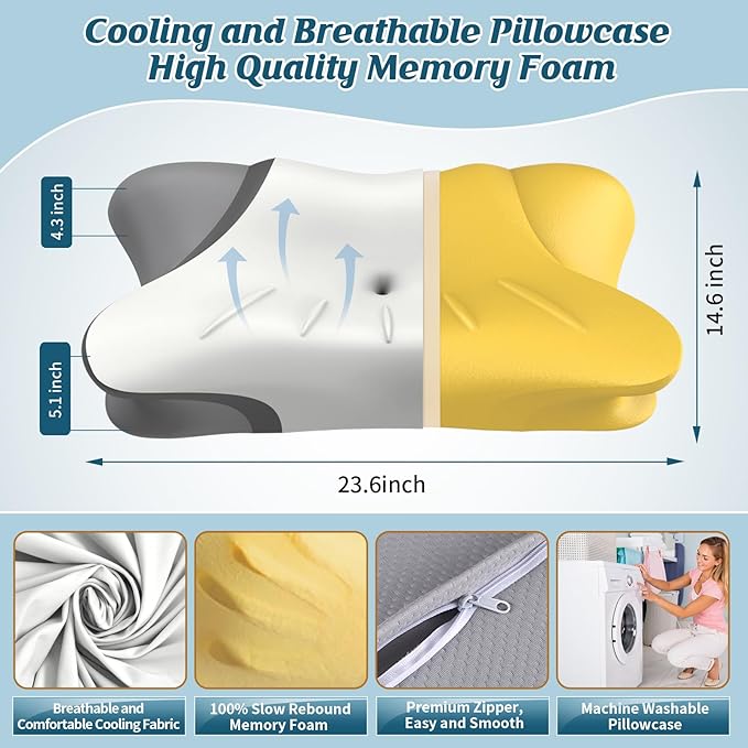Cervical Neck Pillow for Pain Relief, Bed Pillows for Sleeping, Ergonomic Cooling Pillow, Orthopedic Contour Pillow for Side Back Stomach Sleepers,Neck Support Memory Foam Pillows with Pillow Covers