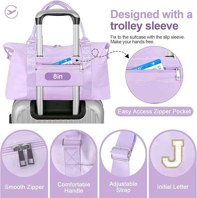 Dance Gym Duffel Bag for Teen Girls, Personalized Initial Travel Weekender Bag,Cute Overnight Carry On Duffle for Women,Sports Travel Cheer Bag,Monogram Christmas Gifts for Tween Preppy(purple-J)